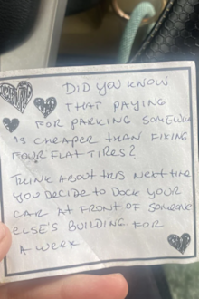 threatening note left on car during relative visit