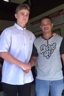 Zac Whiting shook hands with his victim as he was released from prison in Bali, spending a week there for punching the local man at a Burger King restaurant.