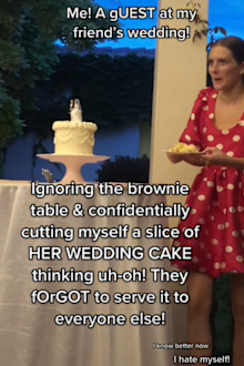 wedding cake eaten by guest before formal slicing