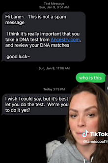 woman receives unexpected text from stranger regarding ancestry