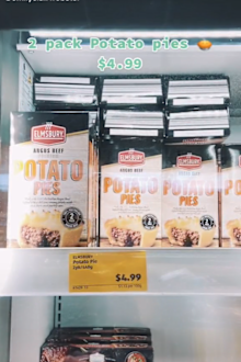 Elmsbury Potato Pies sold at Aldi.