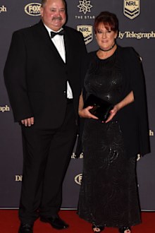Darryl Brohman and wife Beverly arrive for the Dally M Awards in Sydney on Wednesday, Sept. 28, 2016. 