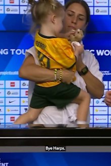 Katrina Gorry's daughter Harper adorably crashes Matildas press conference