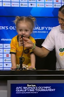 Katrina Gorry's daughter Harper adorably crashes Matildas press conference