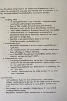 Bride-to-be's two-page list of bridesmaid requirements divides TikTok