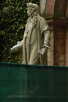 Fencing is seen around the statue of Sir Robert Clayton at St Thomas' Hospital in anticipation of protests today on June 12, 2020 in London, England
