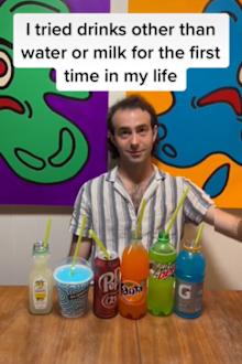 The comedian is seen trying Gatorade, Mountain Dew, Fanta Orange, Dr Pepper, a 7-Eleven Slurpee, and 7-Select Farmers Grove Lemonade.