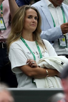 Kim Sears looks on after Andy Murray of Great Britain wins against James Duckworth of Australia during the Men's Singles First Round match during Day One of The Championships Wimbledon 2022 at All England Lawn Tennis and Croquet Club on June 27, 2022 in London, England. 