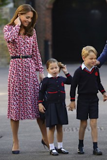 Kate Middleton with Princess Charlotte and Prince George on Charlotte's first day of school at Thomas's Battersea in London, Thursday Sept. 5, 2019.