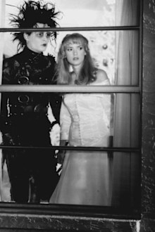 Edward Scissorhands set photo Johnny Depp is "Edward Scissorhands," and Winona Ryder is Kim Boggs