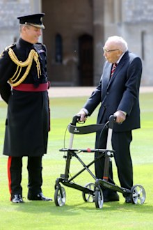 Captain Sir Thomas Moore arrives prior being awarded with the insignia of Knight Bachelor by Queen Elizabeth II at Windsor Castle on July 17, 2020 in Windsor, England