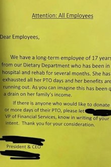 CEO asked employees to donate time off to sick colleague