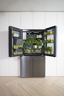 Hisense PureView French Door Fridge open doors and green food. 