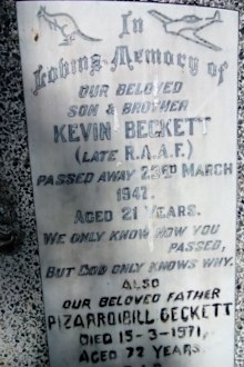 The headstone on the Beckett family grave, commemorating war veterans Pizarro and Kevin Beckett.