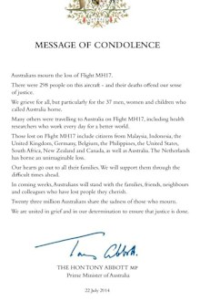 Prime Minister Tony Abbott's letter of condolence to the family of MH17 victims.