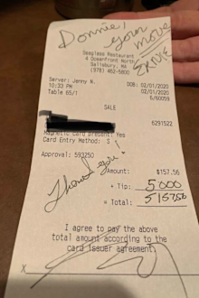 Receipt for $5000 tip at Seaglass restaurant