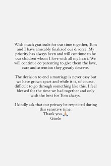 Instagram Story statement from Gisele Bundchen on her divorce from Tom Brady