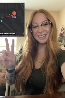 Kimberly Scroop and a screenshot of the mysterious AirTag notification.