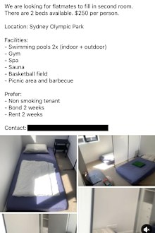 The Facebook listing offers a room in Sydney Olympic Park with each bed advertised for $250 per week.