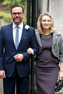 James Murdoch and wife Kathryn Murdoch arrive at St Bride's Church for Murdoch and Hall's 2016 wedding.