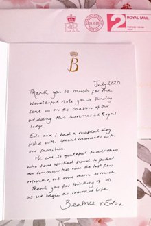 The thank you note was sent to a well-wisher following her July wedding.