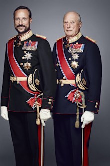 In this handout photo provided by the Royal Court, Crown Prince Haakon of Norway (L) and King Harald V of Norway pose for an official photograph from the Royal Court on January 15, 2016 in Oslo, Norway.