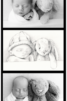 Theodore and Oscar photographed with bunnies with Louis drawn in between