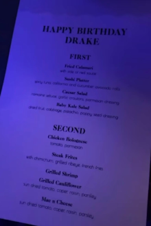 Drake's birthday menu