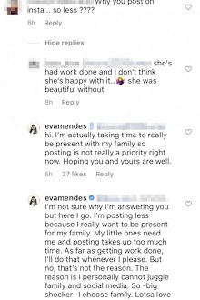 Eva Mendes responds to plastic surgery speculation on Instagram.