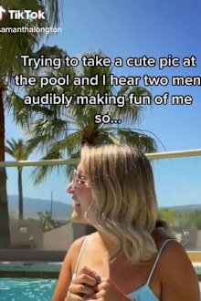 Influencer confronts men at pool making fun of her for taking pool selfie