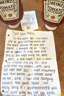 Ketchup thief returns tomato sauce bottles with note
