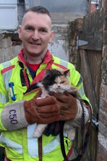 Rescue crew member holds cat after it was rescued from being stuck between two walls.