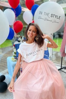Dame Deborah James models the Rebellious Hope t-shirt from her In The Style collection, raising funds for the Bowel Babe Fund