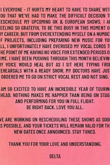 Delta Goodrem announces she will have to postpone UK and Europe dates on her upcoming Innocent Eyes tour due to overextending her vocal cords.