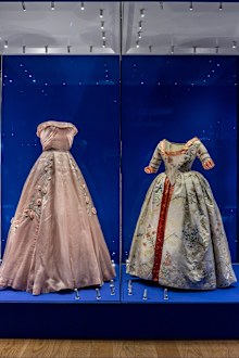 Items from the new exhibition Dress Codes at Kensington Palace, containing items of clothing worn by the royals including Elizabeth II, Diana Princess of Wales and Princess Margaret.