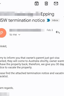 An email sent to Ankit Mehta, informing him that he and his wife would need to move out.