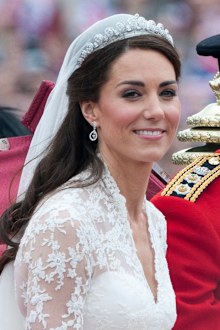 Kate Middleton, Duchess of Cambridge wearing the Cartier Halo tiara on her royal wedding to Prince William, April 29, 2011, at Westminster Abbey.
