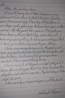 The retiring postie's letter was dropped into the mailboxes of residents. (Reddit)