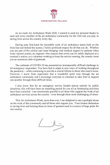 Prince William letter air ambulance anniversary