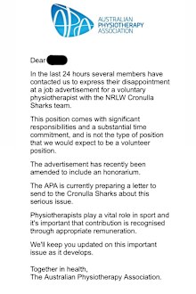 An email from the Australian Physiotherapy Association to its members. 