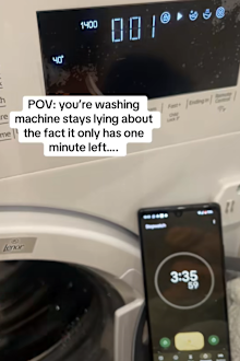 Woman claims her washing machine is 'lying' about only having a minute left on the cycle