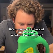 Woman shocked by boyfriend's habit of throwing laundry detergent bottle cap in the washing machine.