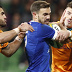 Melvyn Jaminet of France is tackled by Tom Banks and Tom Wright of the Wallabies.