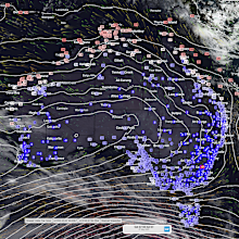 Observed temperature at 7:00 AM AEST Saturday 27 May 2023, with Access-G's forecast mean sea level pressure and 10 metre winds for the same time and date 