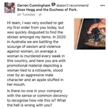 Cunningham complained about the ad that same day.