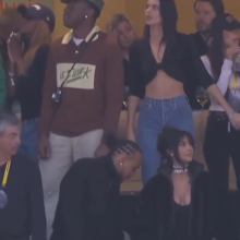 Kendall Jenner, Lewis Hamilton and Kim Kardashian at the 2026 Super Bowl.