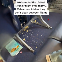 Plane passengers have shared their shock after boarding their Ryanair flight to find mess and food strewn all over the floor.