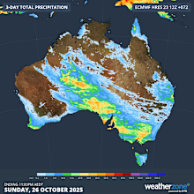 Forecast accumulated rain over the next three days, some of which will fall from thunderstorms.