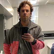 Seth Rogen on the set of Pam & Tommy