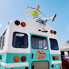 Sara Bartlett, the founder of Canyon Couture on her 'big blue school bus'.